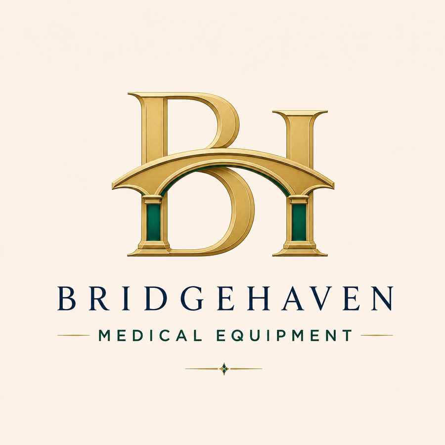 BridgeHaven Medical Equipment logo: a gold B and H joined by an arched bridge